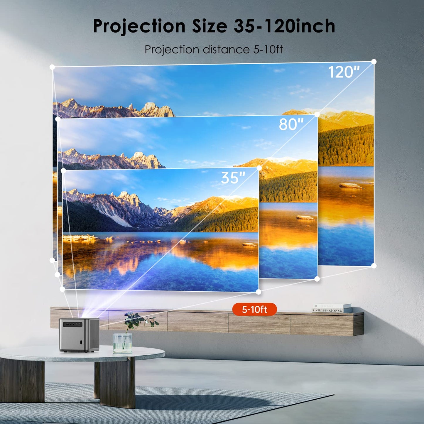 Mini Projector with WiFi and Bluetooth, Portable Projector Built-in Android System Supported 4K, Auto Keystone, Compatible with HDMI / USB / AV Ports
