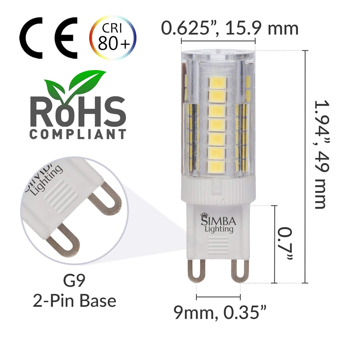 Simba Lighting LED G9 4W 120V T5 Light Bulb, JCD Bi-Pin Base, 6000K, 5 Pack