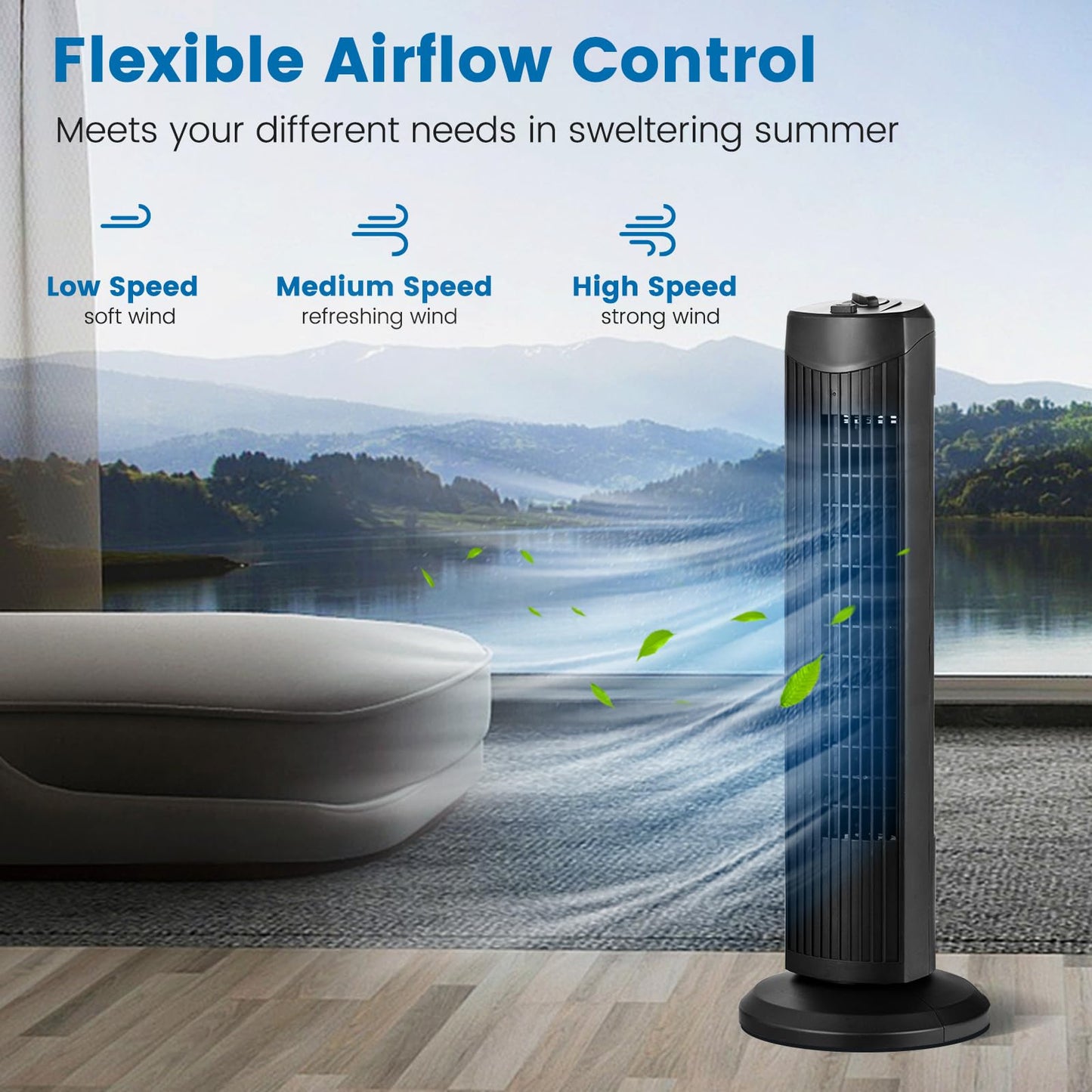 DORTALA Tower Fan, Quiet Cooling Bladeless, 3 Speed, 3 Wind Mode, 28-Inch Oscillating Tower Fan for Bedroom, Living Room (Black)