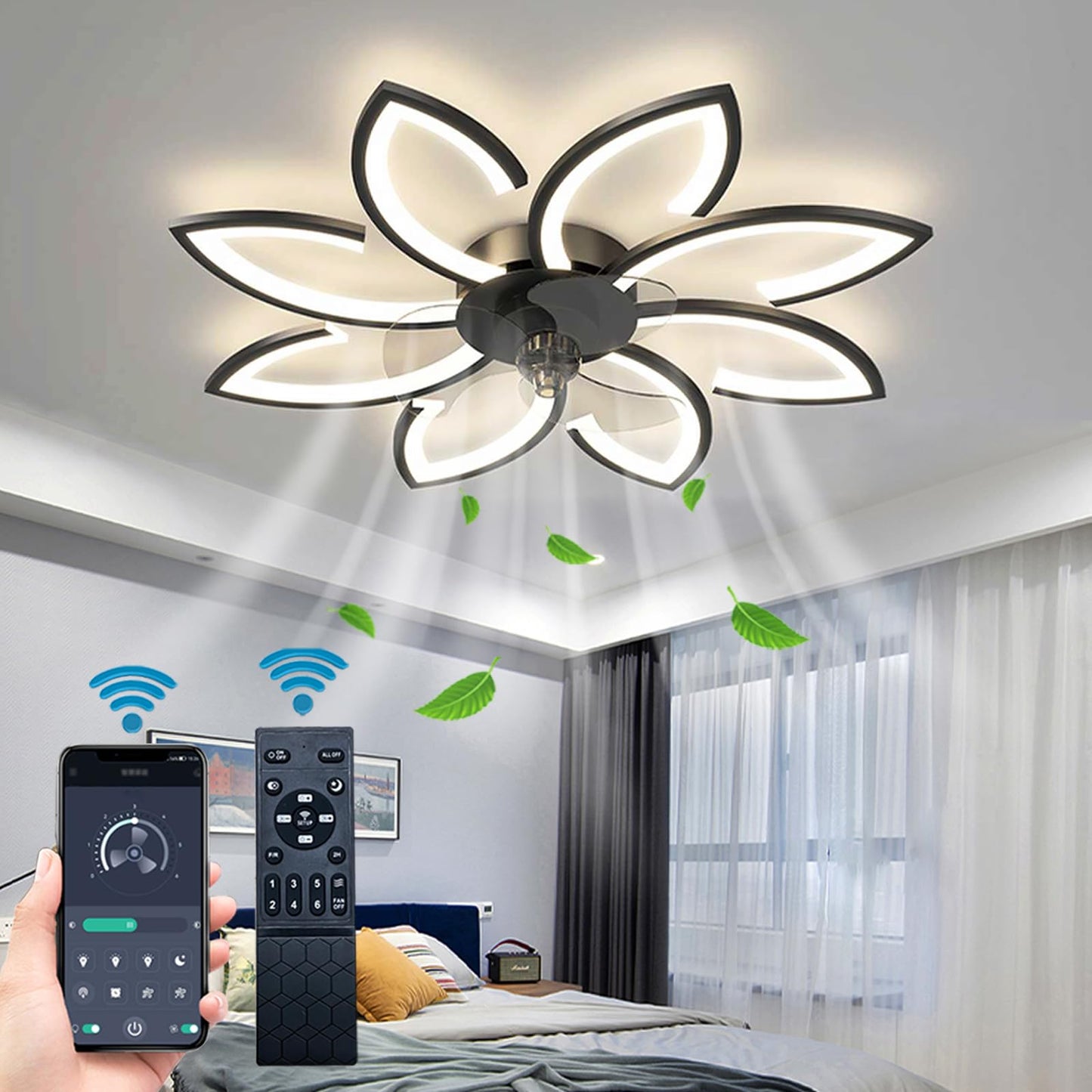 BESKETIE 35'' Bladeless Ceiling Fan with Lights Remote Control, Modern Low Profile Ceiling Fans with Lights, Dimmable 3 Color 6 Speeds Flush Mount LED
