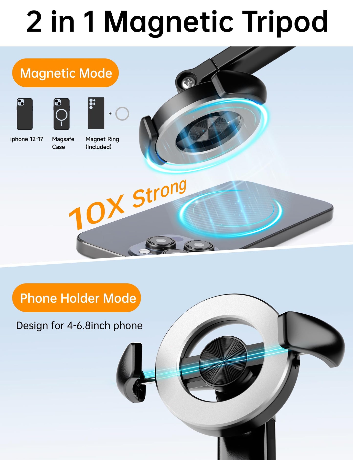 70" Magnetic Phone Tripod, Selfie Stick Tripod for iPhone MagSafe & Camera with Rechargeable Remote & 2 in 1 Magnetic Holder, 360° Rotatable Portable