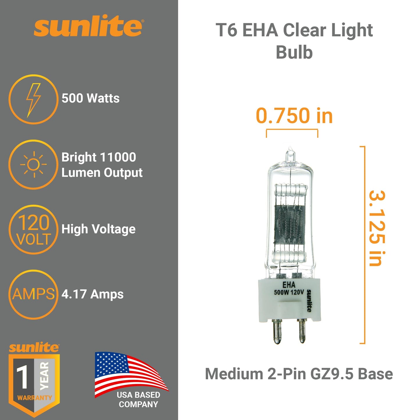 Sunlite T6 EHA Clear Light Bulb, 500 Watts, 120V, C-13D Filament, 4.17A, 11000 Lumens, 99 CRI, Medium 2-Pin GZ9.5 Base, 3250K Warm White, Ideal