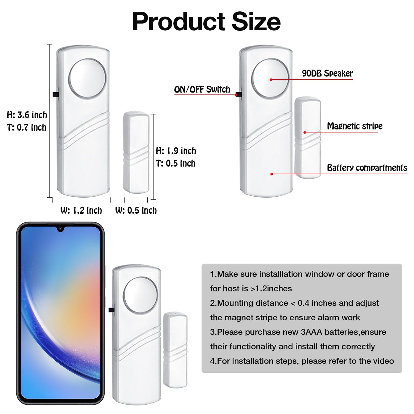 PLOJOP Security Window Door Alarm, Portable 90dB Wireless Sensor for Home & Travel Security, Easy DIY Installation, No Tools Needed (Battery Not