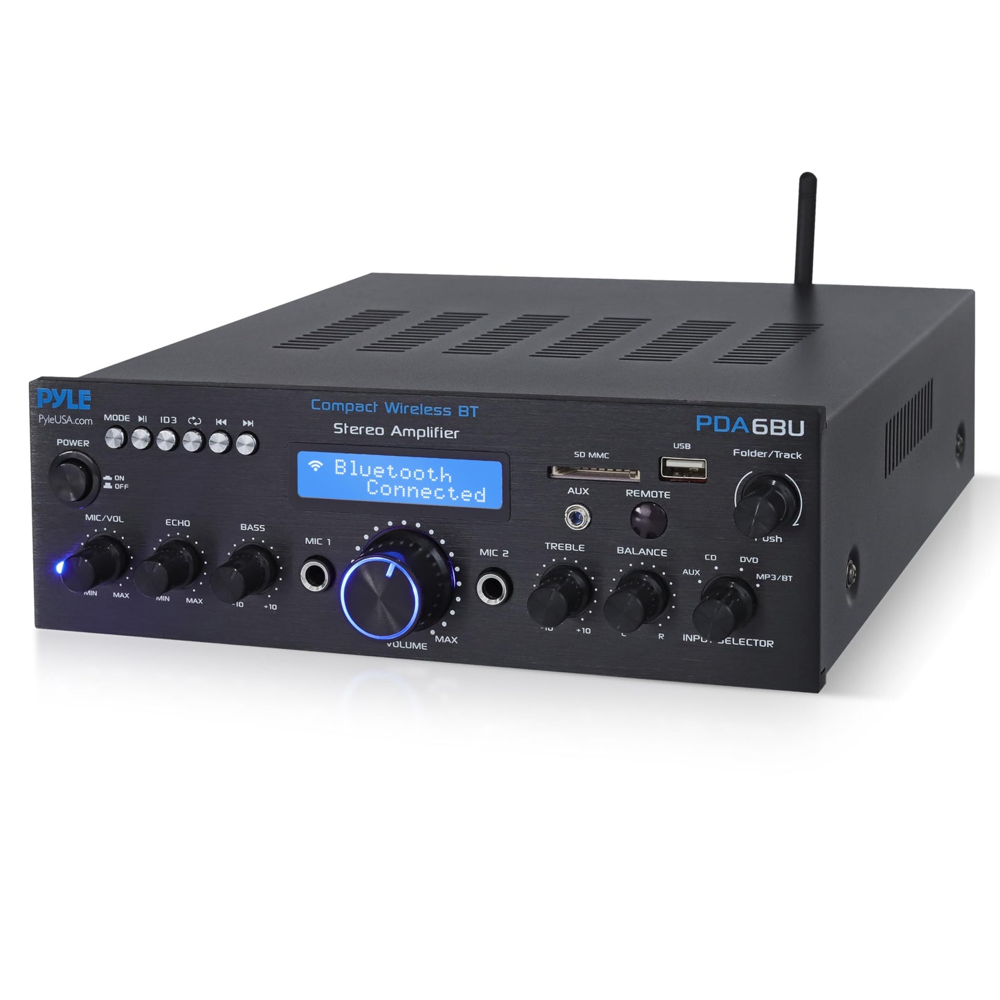 Pyle Wireless Bluetooth Power Amplifier System- 200W Dual Channel Sound Audio Stereo Receiver w/ USB, SD, AUX, MIC IN w/ Echo, Radio, LCD, For Home