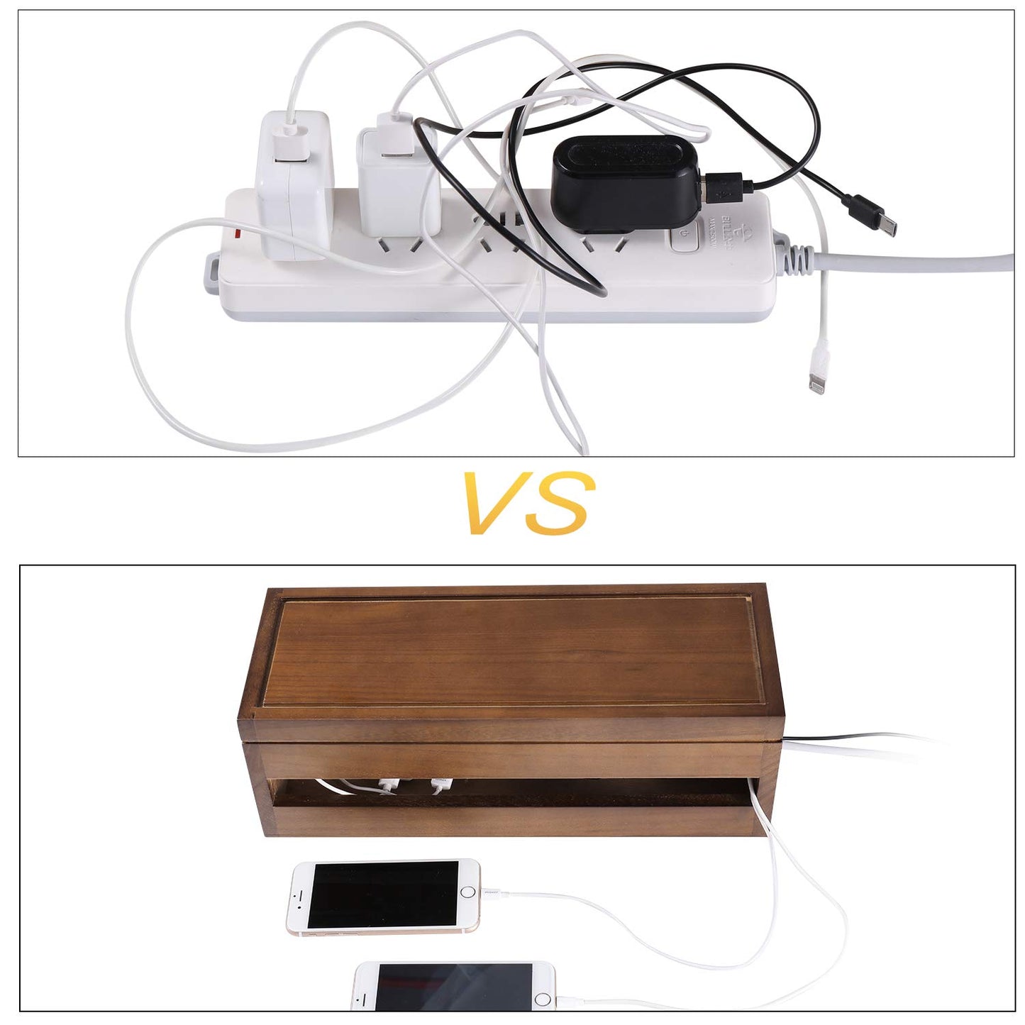 Changsuo Cable Management Box Wooden Cord Organizer Box for Extension Cord Power Stripe Surge Protector Wire Management Concealer Cover Hider for