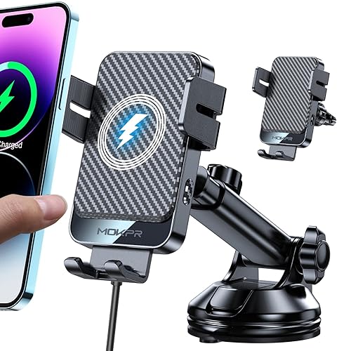 Wireless Car Charger, MOKPR 15W Fast Charging Auto-Clamping Car Mount Universal Hands-Free Car Charger Mount for Dash Windshield Air Vent Compatible