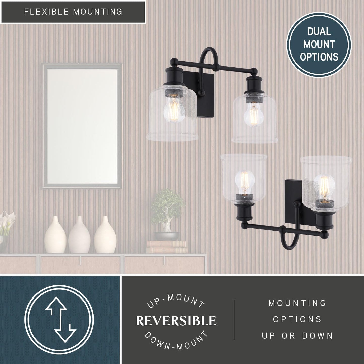 VAXCEL Northbrook 2-Light 16 in. Wide Matte Black Traditional Bathroom Vanity Lighting Fixture, Clear Seeded Glass Shade, Dimmable, LED Compatible