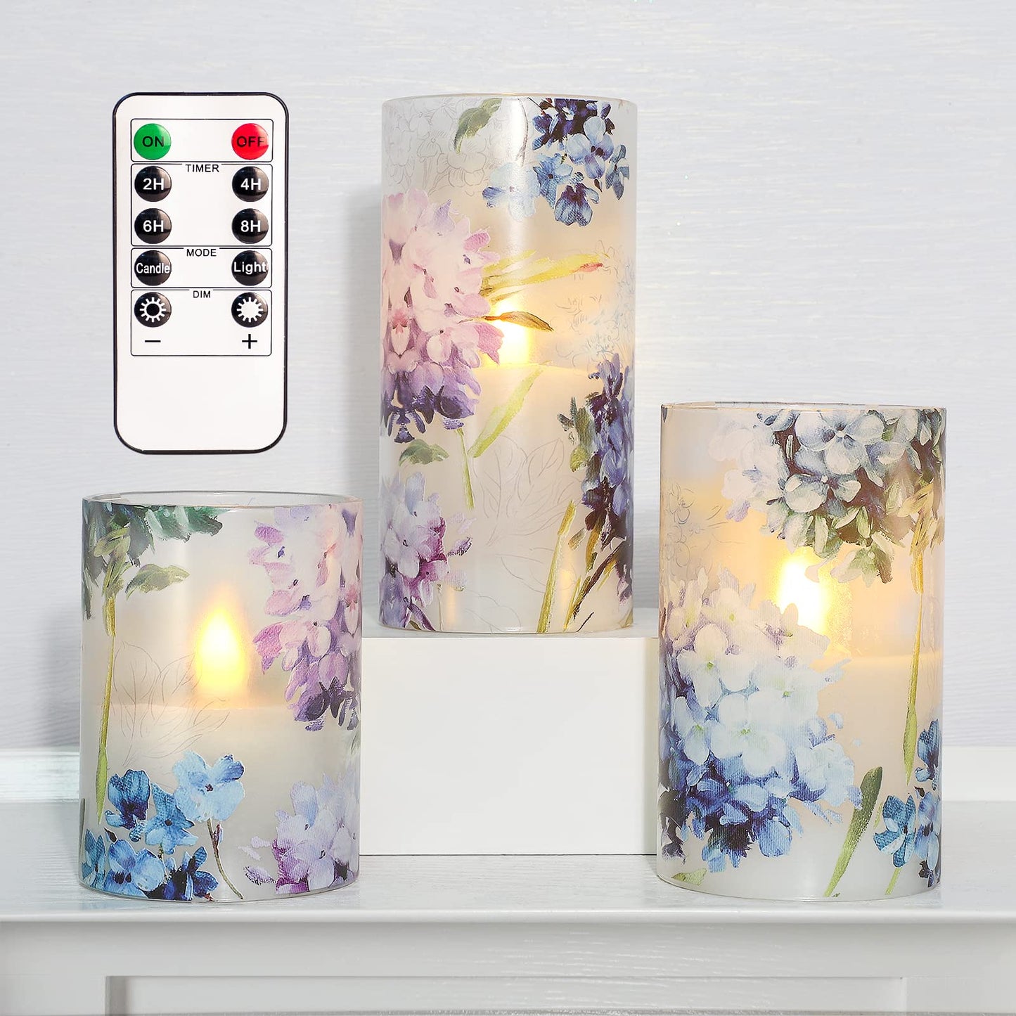 GORGE MOMENT Blue Violet Hydrangea Flameless Candles LED Flicker with Remote DIM Love Theme Summer Spring Decorative Glass Decor Wedding Date Proposal