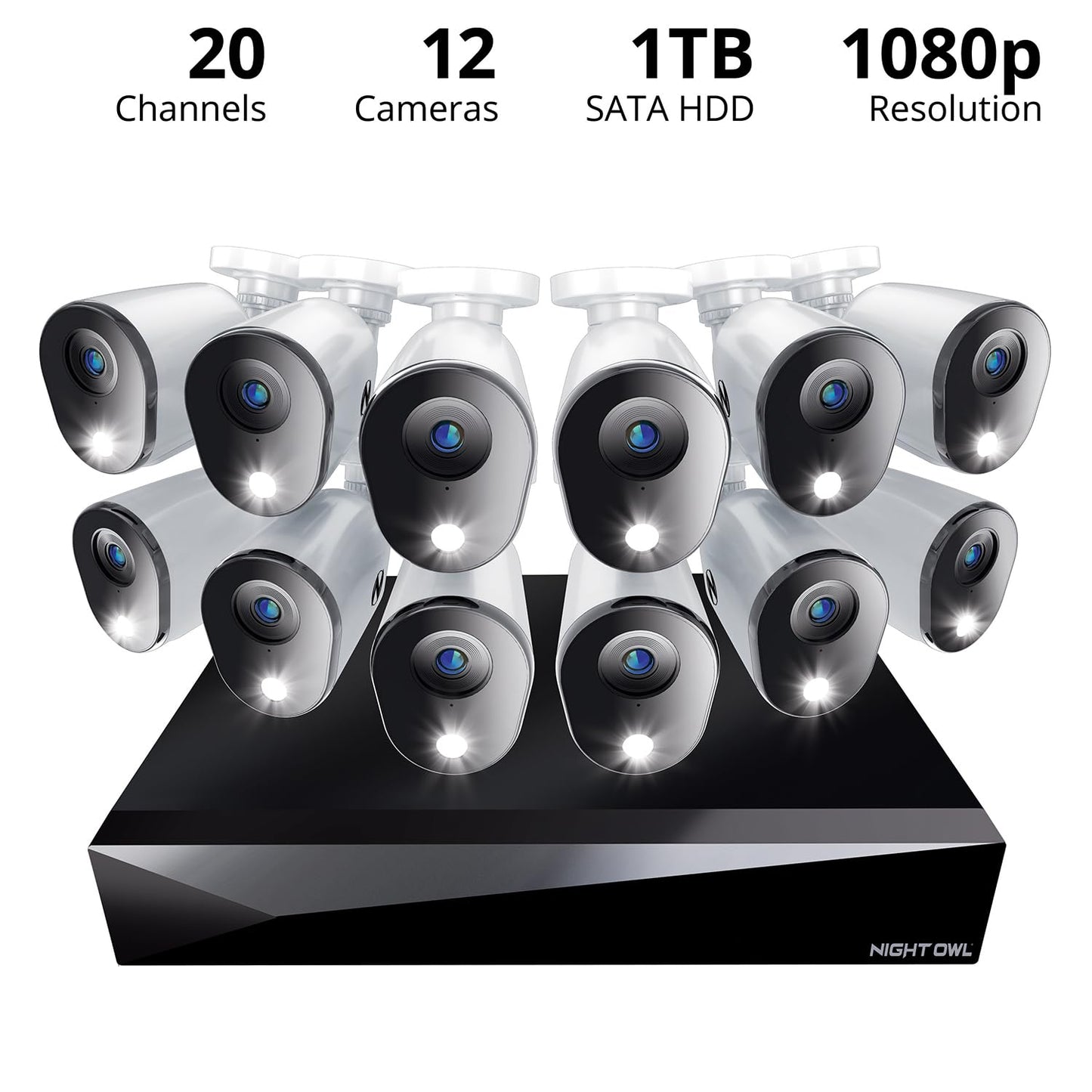 Night Owl 2-Way Audio 20 Channel DVR Video Home Security Camera System with (12) Wired 1080p HD Indoor/Outdoor Deterrence Cameras and 1TB Hard Drive