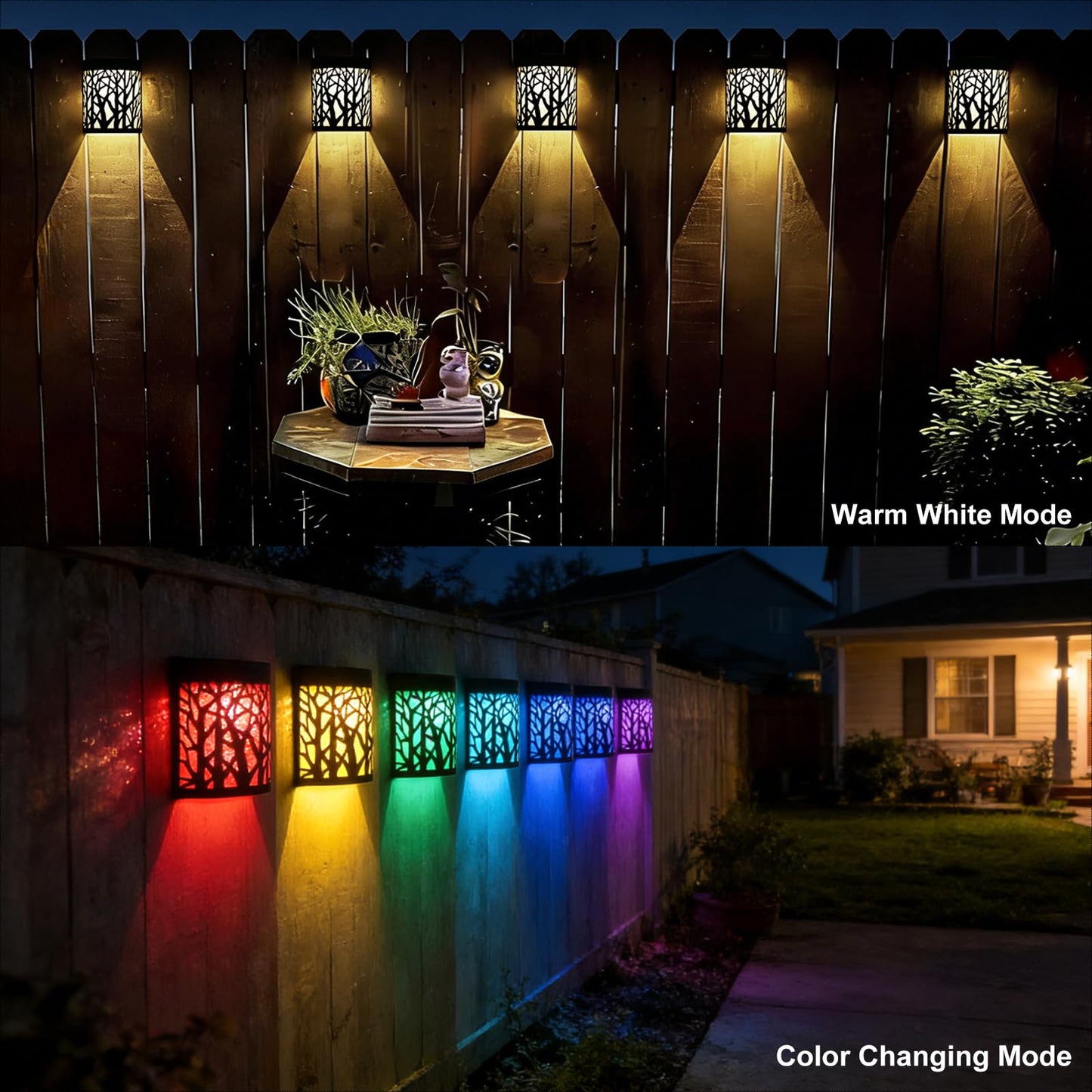 DenicMic Solar Wall Lights Outdoor Wall Sconce Fence Lighting for Patio Front Door Yard Deck Stair Led Forest Decorative Lamps, Waterproof, Warm White