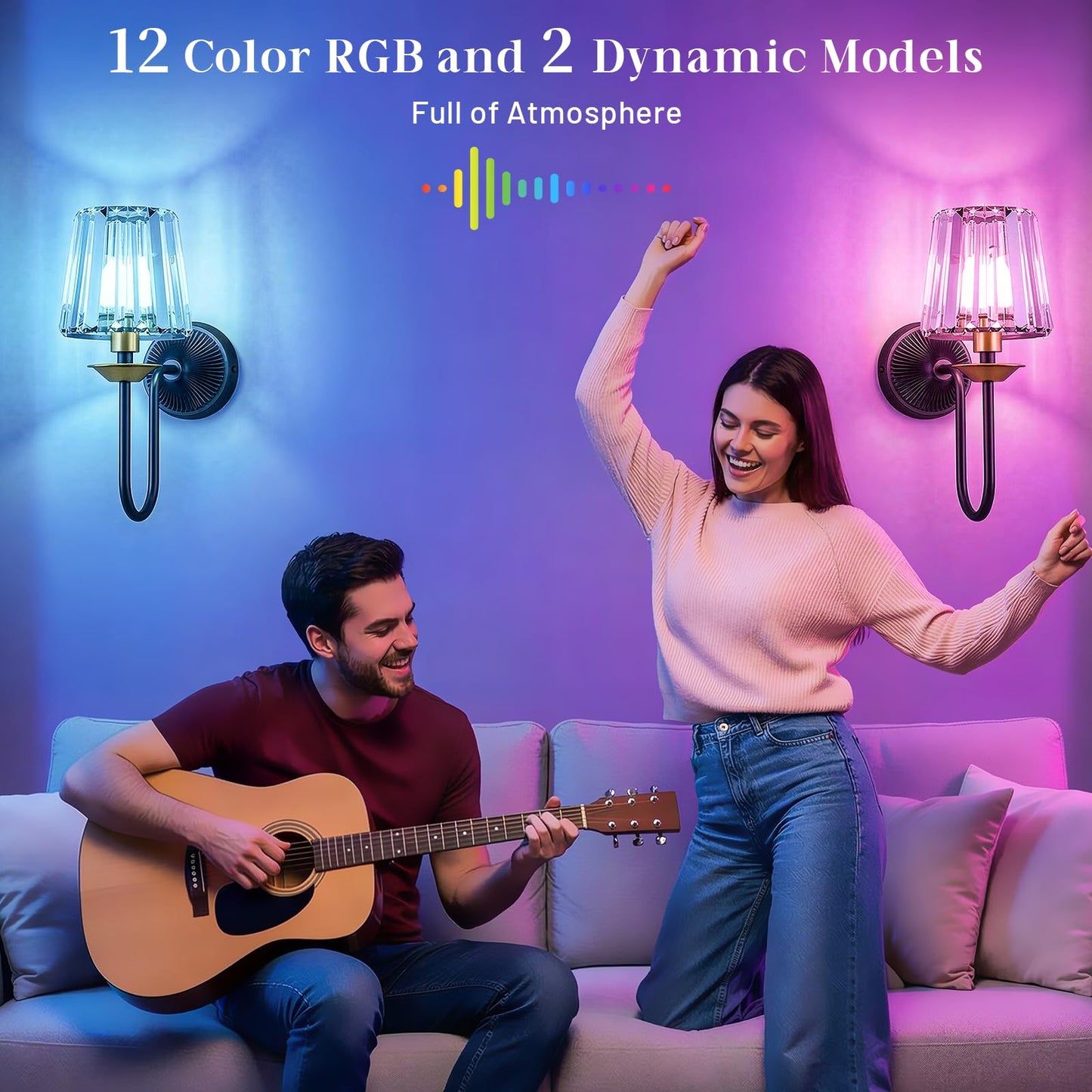 KernLite Black and Gold Battery Operated Wall Sconces Set of Two, Crystal Wireless Rechargeable Wall Lights with Remote, Dimmable 3 CCT and 12 RGB