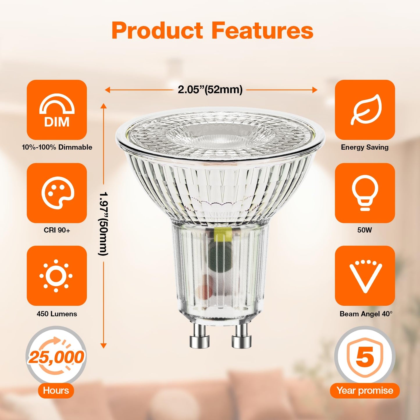 Sylvania LED TruWave Natural Series PAR16 Light Bulb, 50W Equivalent Efficient 6W, GU10 Bi-Pin Base, Dimmable, 3000K, White - 1 Pack (40932)