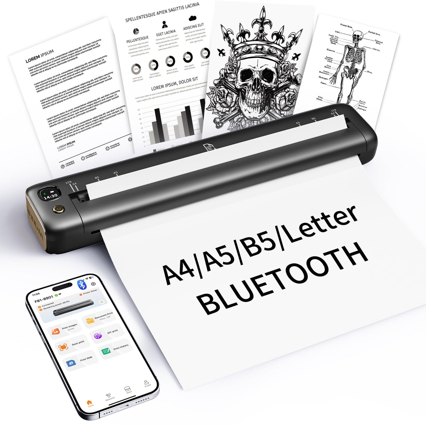 Rongta Portable Printer Wireless for Travel, Bluetooth Inkless Thermal Printers for 8.5" x 11" US Letter & A4 Size, Compatible with Android iOS Phone
