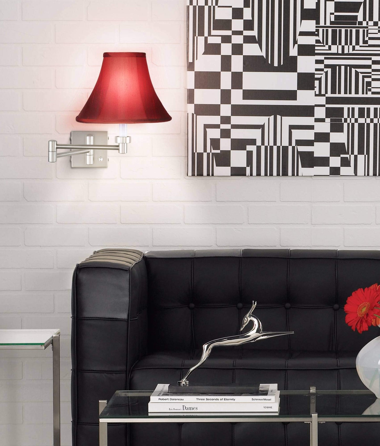 Possini Euro Design Swing Arm Wall Mounted Lamp Brushed Nickel Plug-in Light Fixture Dimmable Deep Red Dupioni Silk Bell Shade for Bedroom Bedside