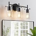 Indoi Bathroom Light Fixtures, 3-Light Matte Black Vanity Light, Black Bathroom Lights Over Mirror with Clear Glass Shade, Wall Sconces for Mirror