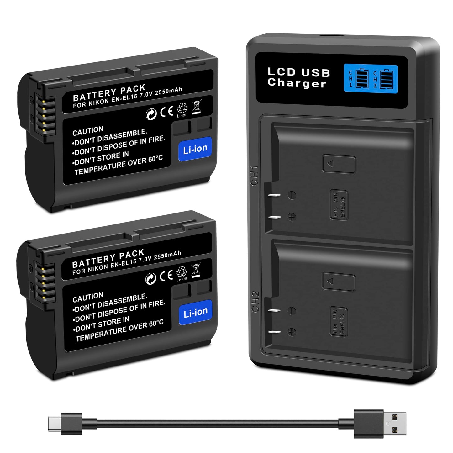 2-Pack EN-EL15 EL15a EL15b EL15c Replacement Battery(2550mAh) and USB Dual Charger Compatible with Nikon ZF Z6 Z7 Z8 D750 D850 D7000 D7100 D7200 D7500