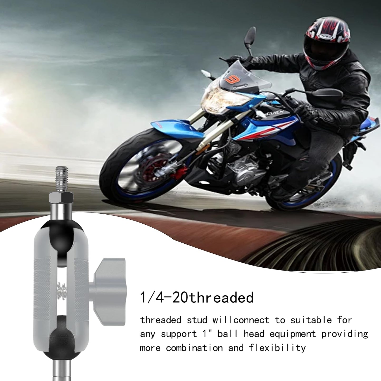 YIMINGYINUO 1 inch Ball Adapter with 1/4"-20 Threaded Post Compatible with RAM Mounts B Size Double Socket Arms for Action Cameras, Camcorder, Bike