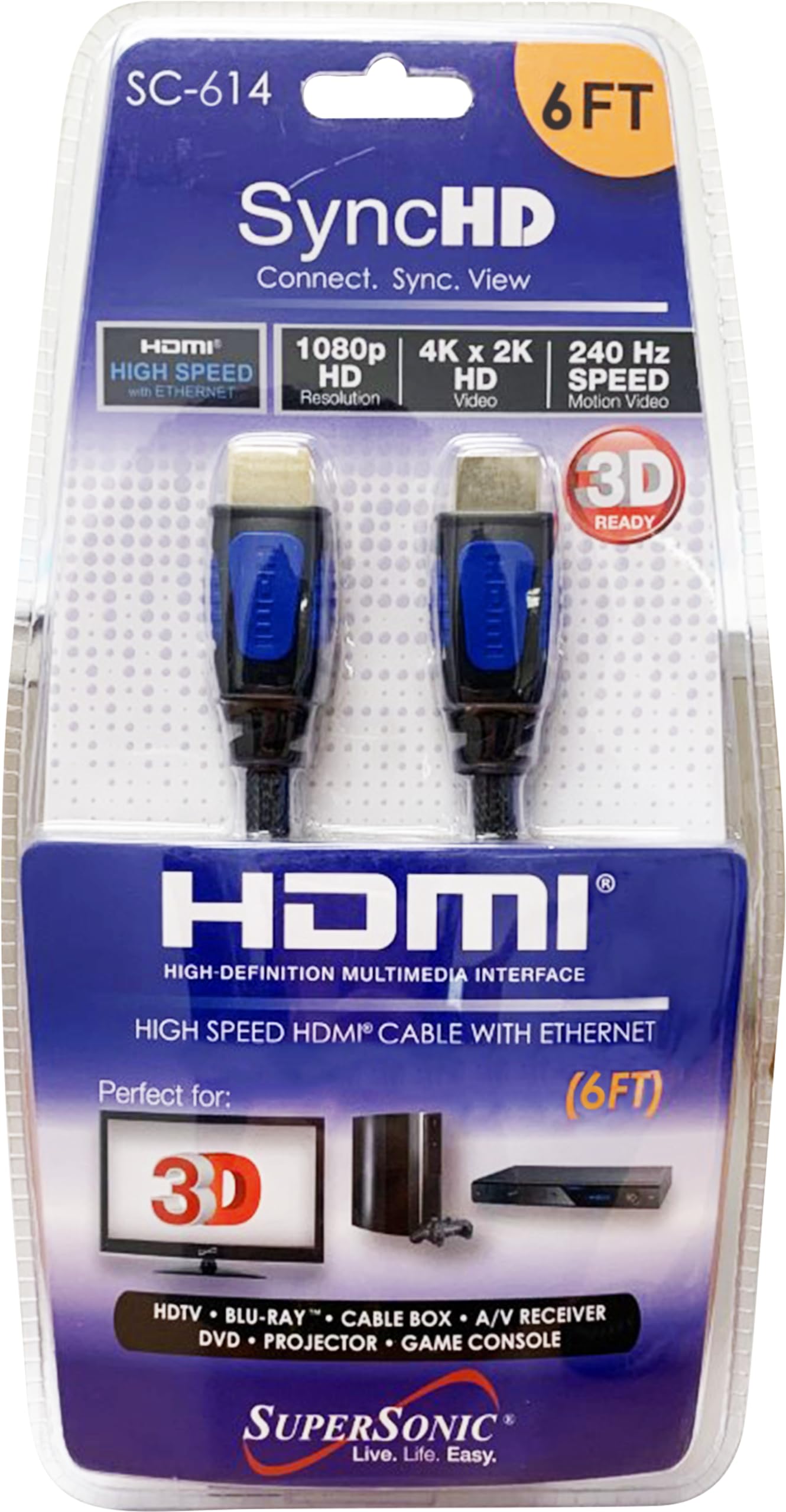 Supersonic SC-614 6FT HDMI Ethernet Cable, 1080p HD, 3D Movies/Games, 4K x 2K Support, Triple Layer Shielding, 24K Gold Plated Connectors for TV, DVD
