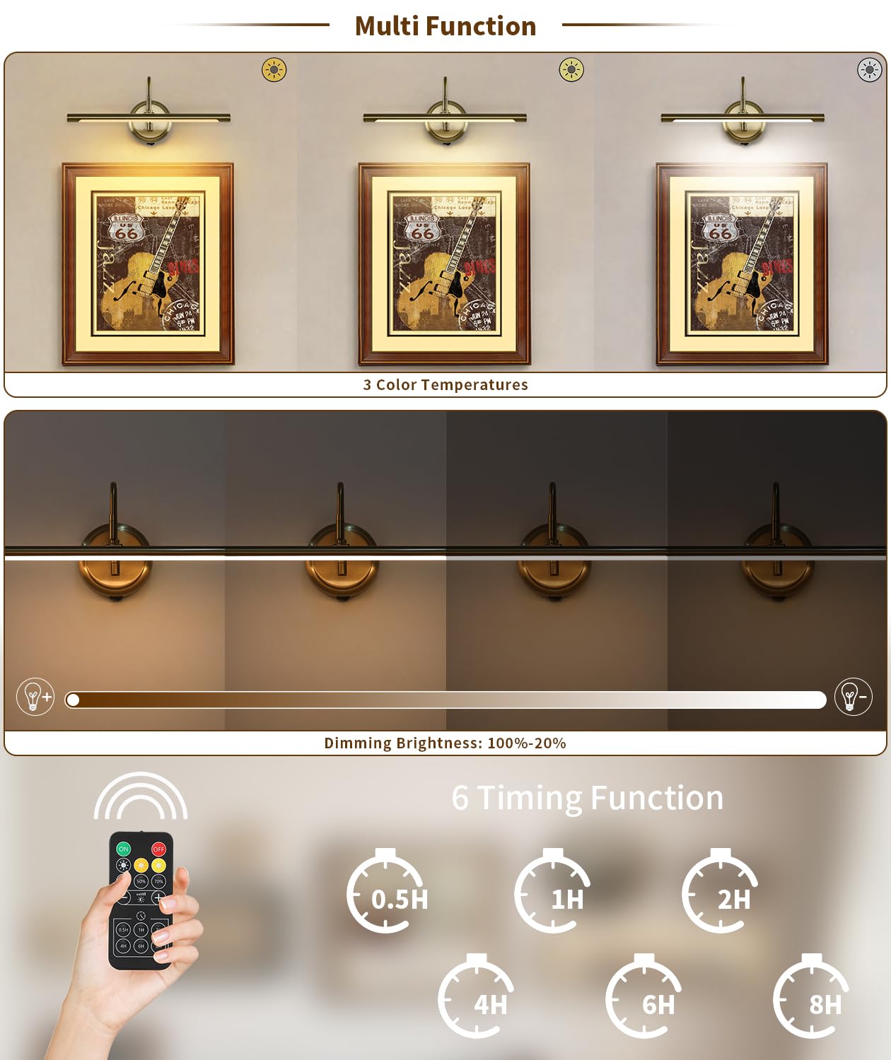 JOOSENLUX Battery Operated Picture Light Gold - Modern Wireless Picture Lights for Wall Dimmable 16.5inch Under Cabinet and Swing Arm for Canvas