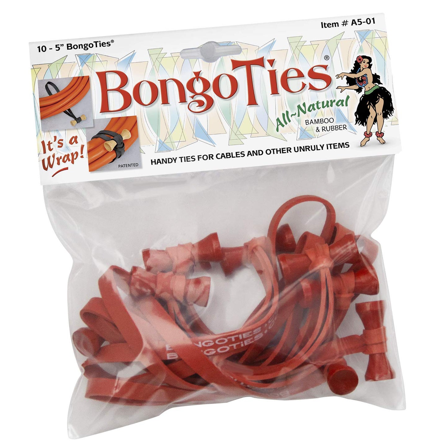 BongoTies ALL RED Bongo Ties A5-01-R - 10 Pack ~ Professional cable ties made of natural rubber and bamboo ~ HANDY TIES FOR CABLES AND OTHER UNRULY
