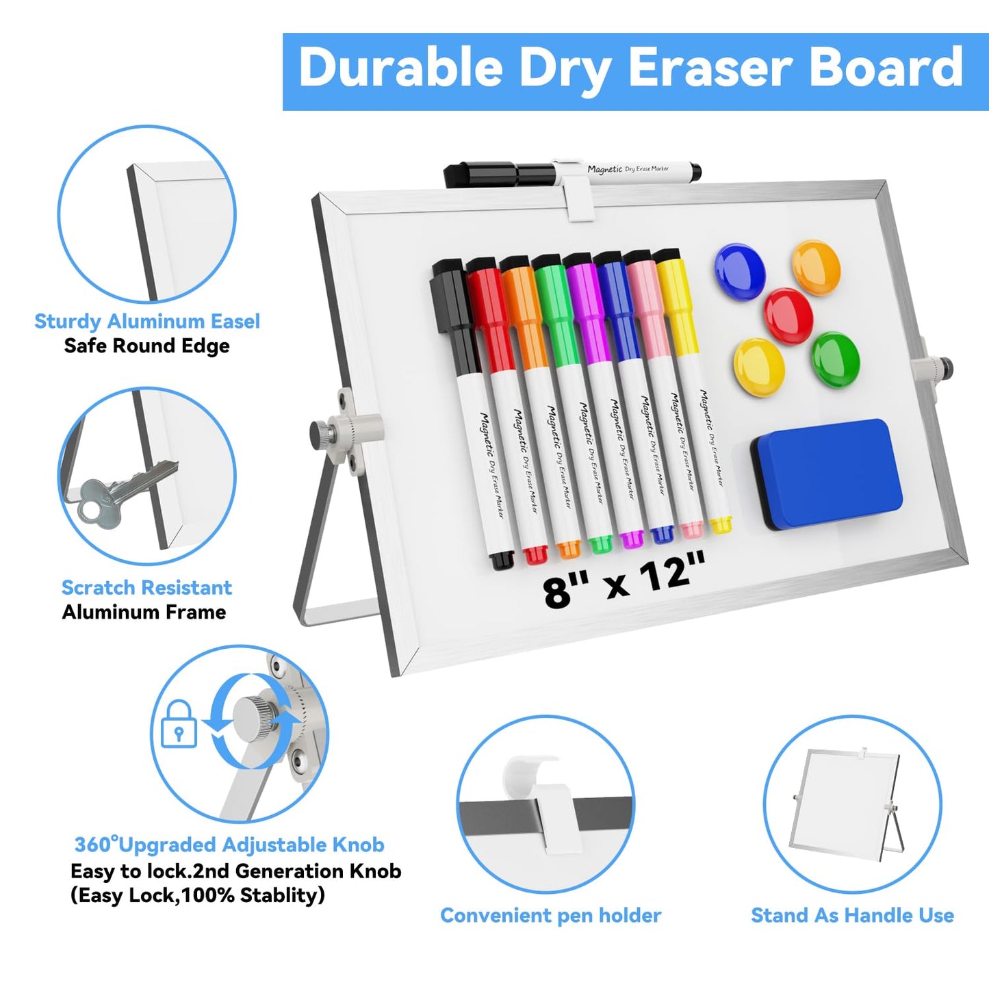 Dry Erase White Board, Cazeyoo Magnetic Desktop Whiteboard 8 x 12inch with Stand, 8 Markers, 4 Magnets and 1 Eraser, Portable Double-Sided White Board