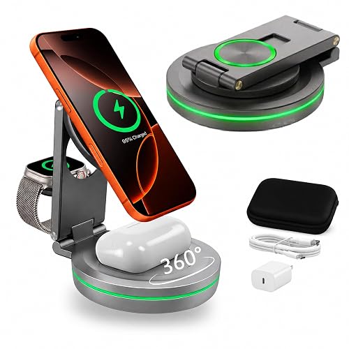 CenciTech 3 in 1 Aluminum Wireless Charging Station for iPhone 17/16/15/14 Pro Max, Apple Watch & AirPods | MagSafe Compatible Foldable Fast Travel