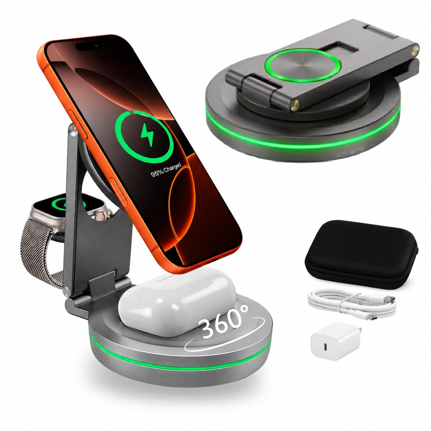 CenciTech 3 in 1 Aluminum Wireless Charging Station for iPhone 17/16/15/14 Pro Max, Apple Watch & AirPods | MagSafe Compatible Foldable Fast Travel