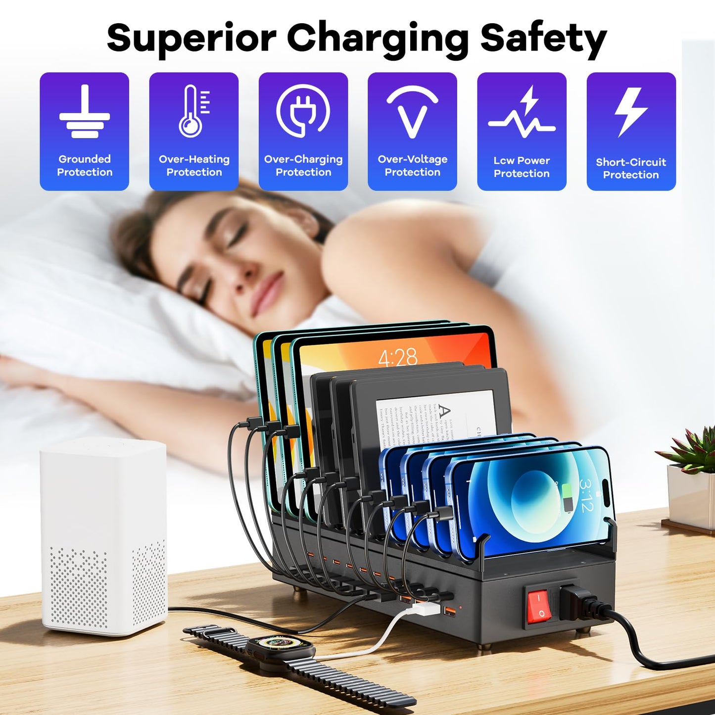 USB~C Charger Block, 300W 22 Port (11 US? A & 11 US?~C) USB Charging Station for Multiple Devices, Desktop Wall Fast Charger with Storage Dividers