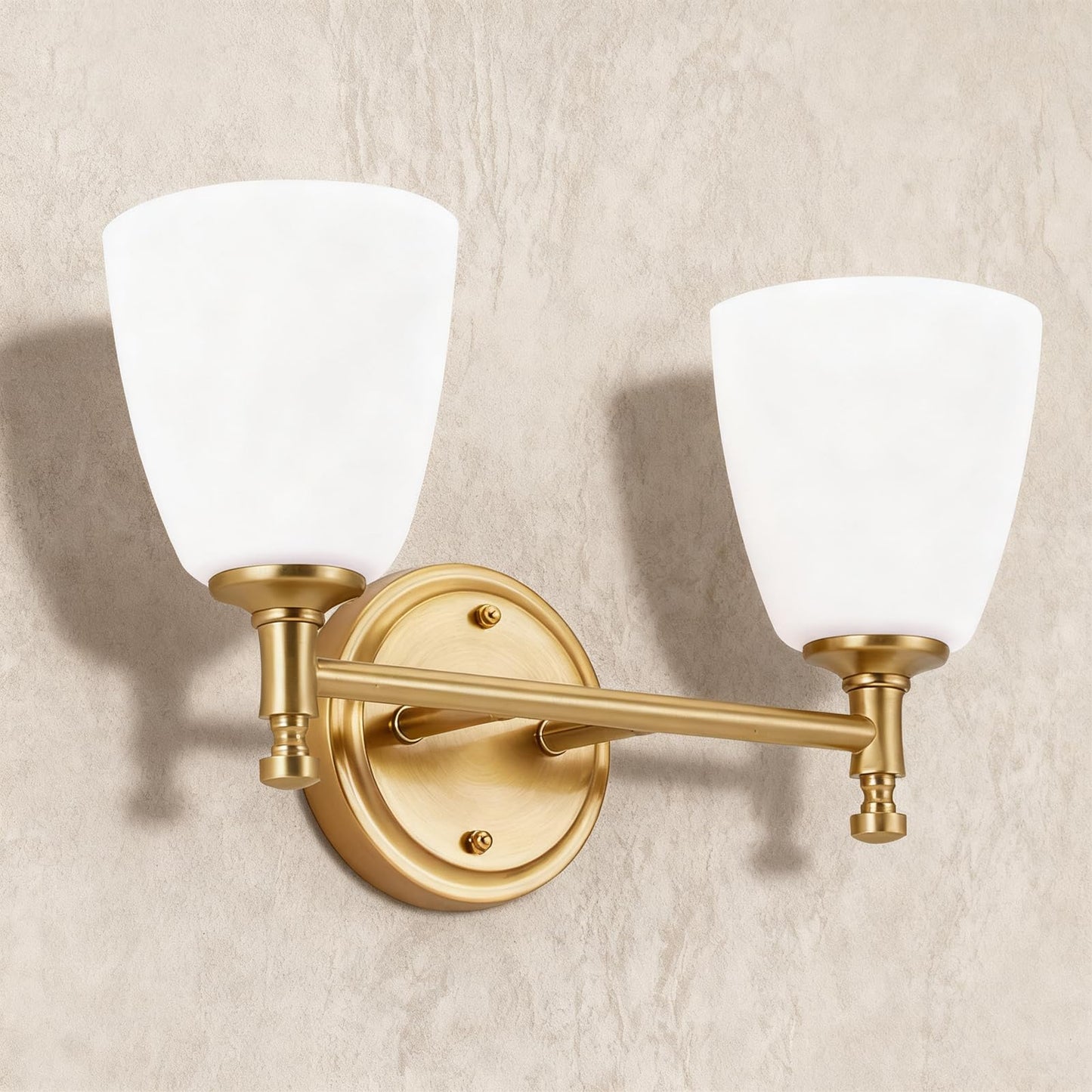 Bathroom Light Fixtures, 2-Light Brass Vanity Light with Milk Glass Shade Vintage Above Mirror Lamp Wall-Mounted Wall Sconce for Bedroom, Living Room