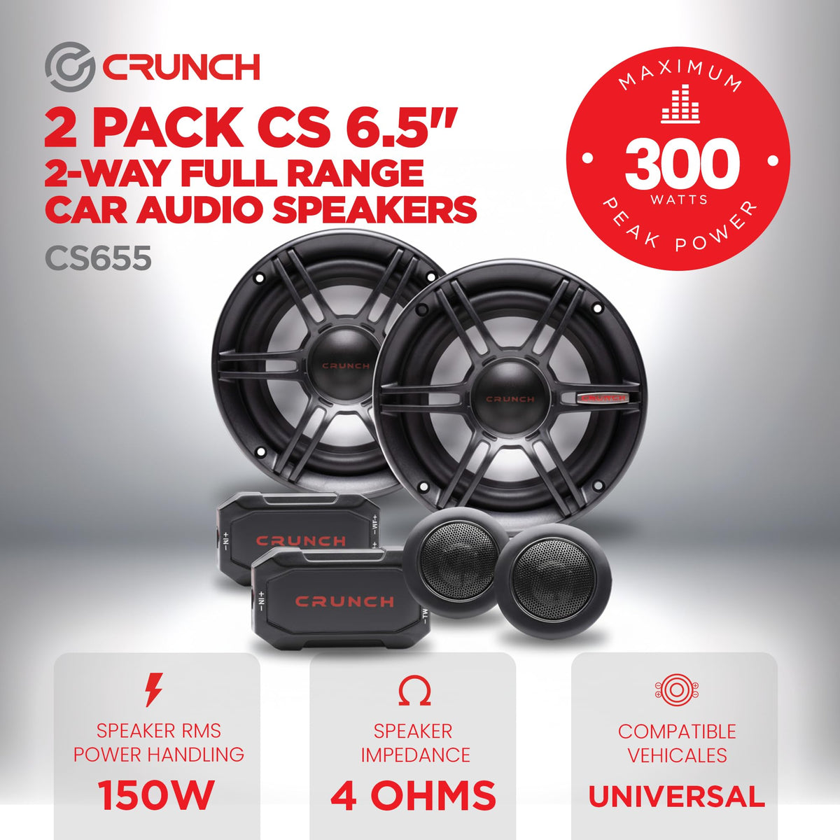 Crunch CS Series 6.5 Inch 300W 2-Way Component Speaker System, 2 Pair