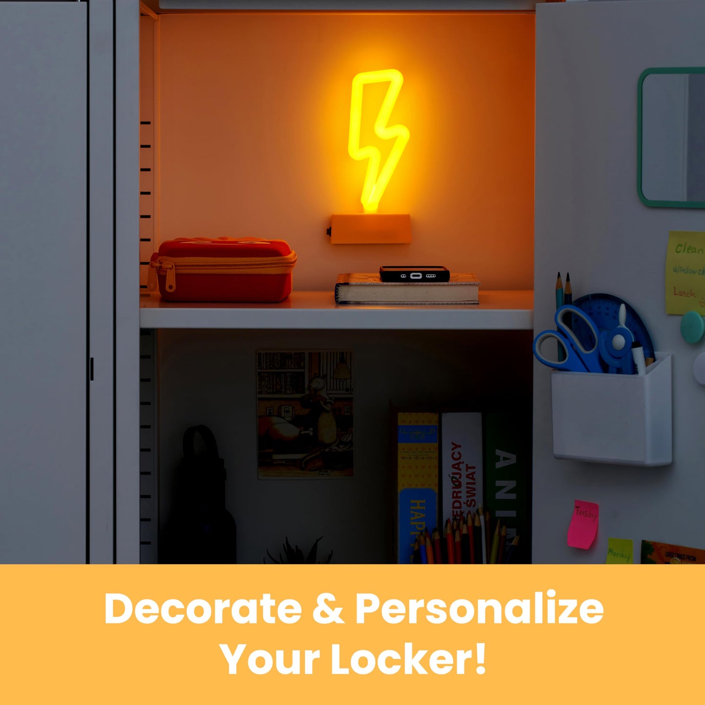 Magnetic Lightning Bolt Neon LED Light for Locker, Bedroom & Dorm Decor, Battery Operated Night Light for Kids, School & Fridge - LockerMate by