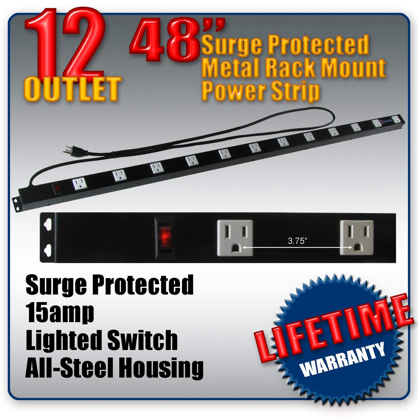12 Outlet Heavy Duty Power Strip with 6 Ft Power Cord, Straight Plug, Surge Protected, for use in Commercial, Home, Industrial and School, 15A 125V