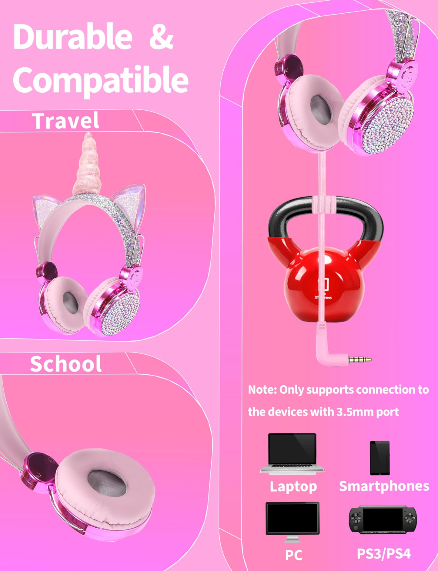charlxee Kids Unicorns Headphones with Mic for School/Travel,95dB Volume Limited,Shareport,On/Over Ear Wired Headsets with Nylon Cable-Purple