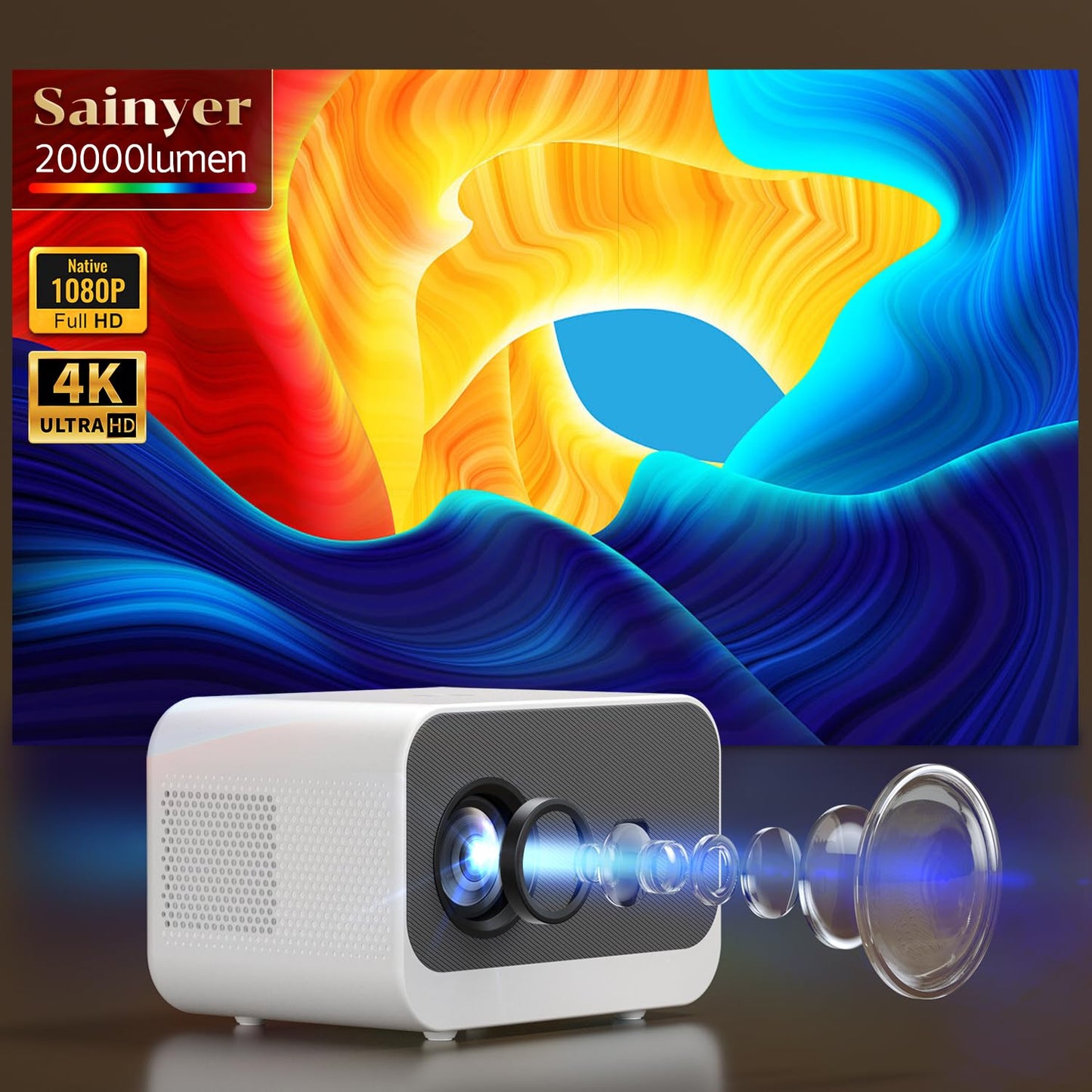 Mini Projector, 20000lm 4K Projector with WiFi Bluetooth Native 1080P, FHD 1080P HiFi Portable Outdoor Movie Projector Max 300”|ZOOM 50%|, TV