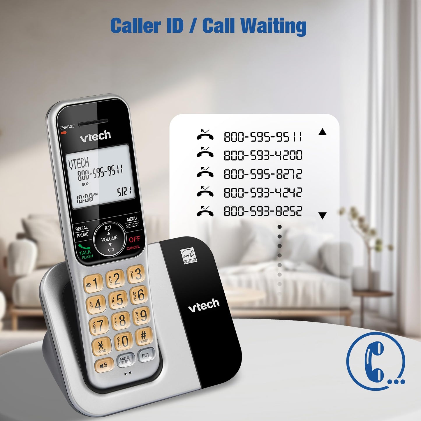 VTech 2-Handsets Cordless Phone System for Home with Call Block, Large Display & Buttons, Backlit Screen, Full-Duplex Speakerphone, Caller ID/Call