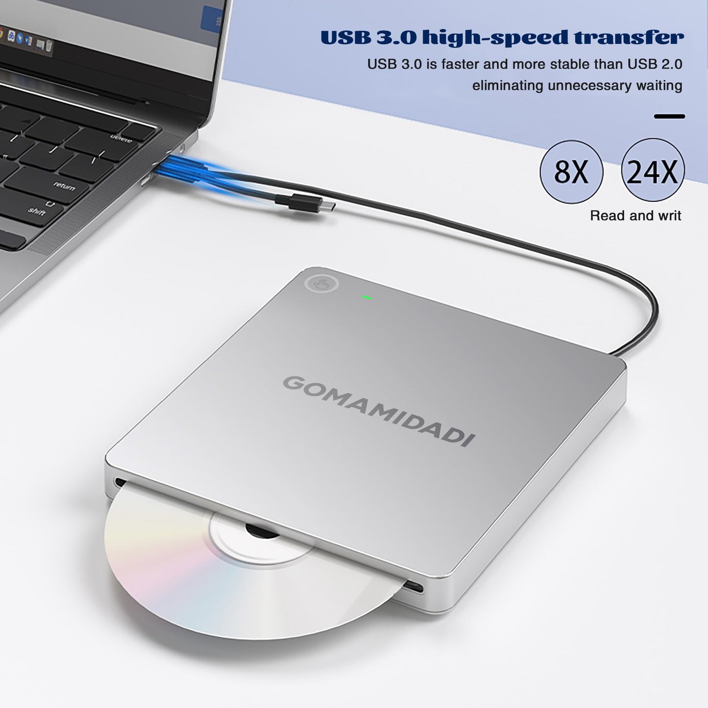 GOMAMIDADI External DVD CD Drive, USB 3.0 & Type-C Portable Burner & Reader for Laptop, PC, Mac, Windows 11/10/8/7, Plug & Play, Lightweight Design