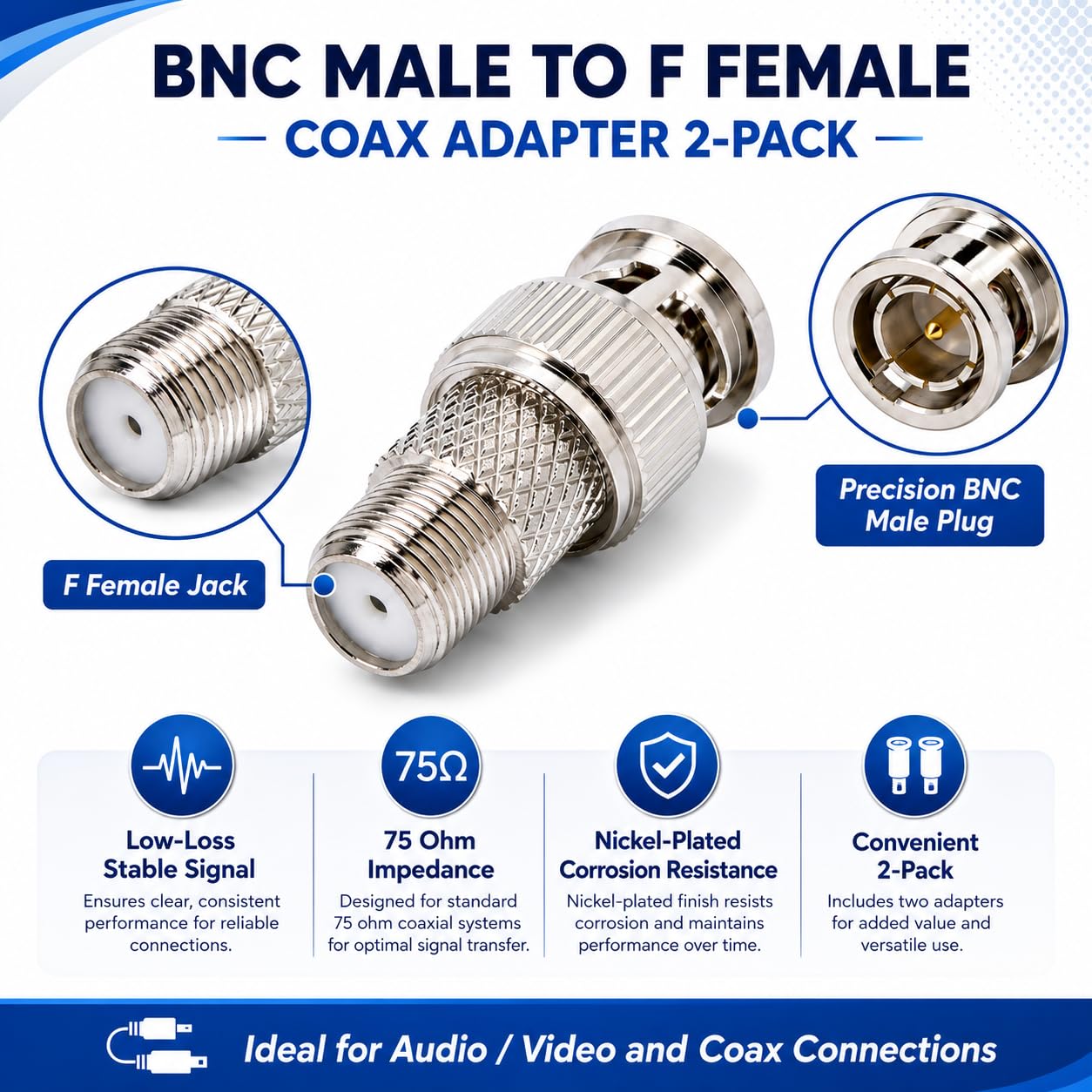 supmory F to BNC Adapter Connector BNC Male to F Female Coax Adapter 75 Ohm, Low-Loss Signal, Corrosion-Resistant Copper, 2-Pack Ideal for CCTV