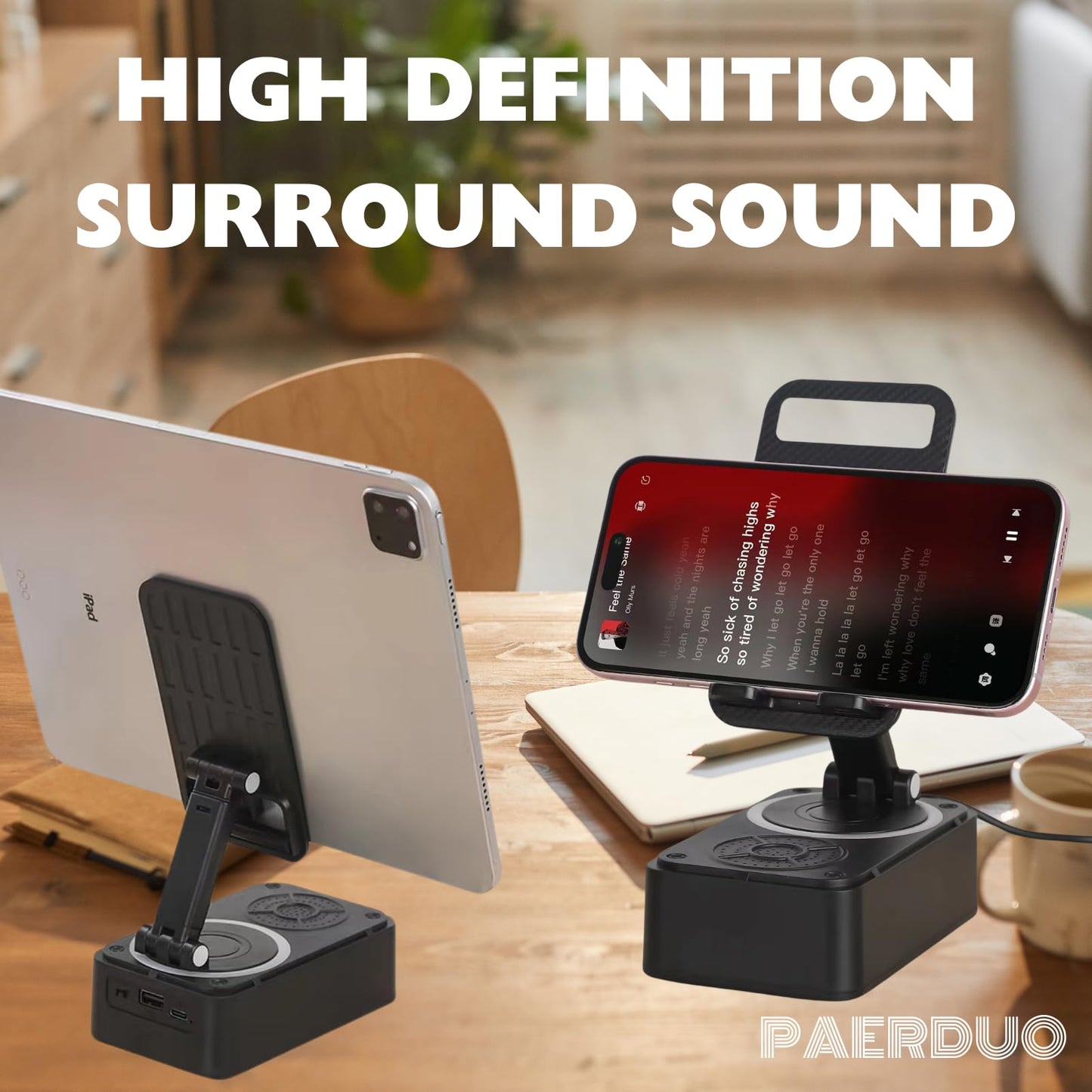 Cell Phone Stand with Wireless Bluetooth Speaker Equipped with Non-Slip Base and Convenient Charging Port with HD Surround Sound, Suitable for Home
