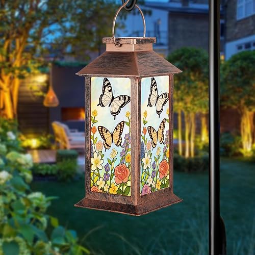 Butterfly Solar Lanterns Outdoor Waterproof Garden Decor Birthday Gifts for Women Mom Grandma Sister, Hanging LED Plastic Solar Lights Outside