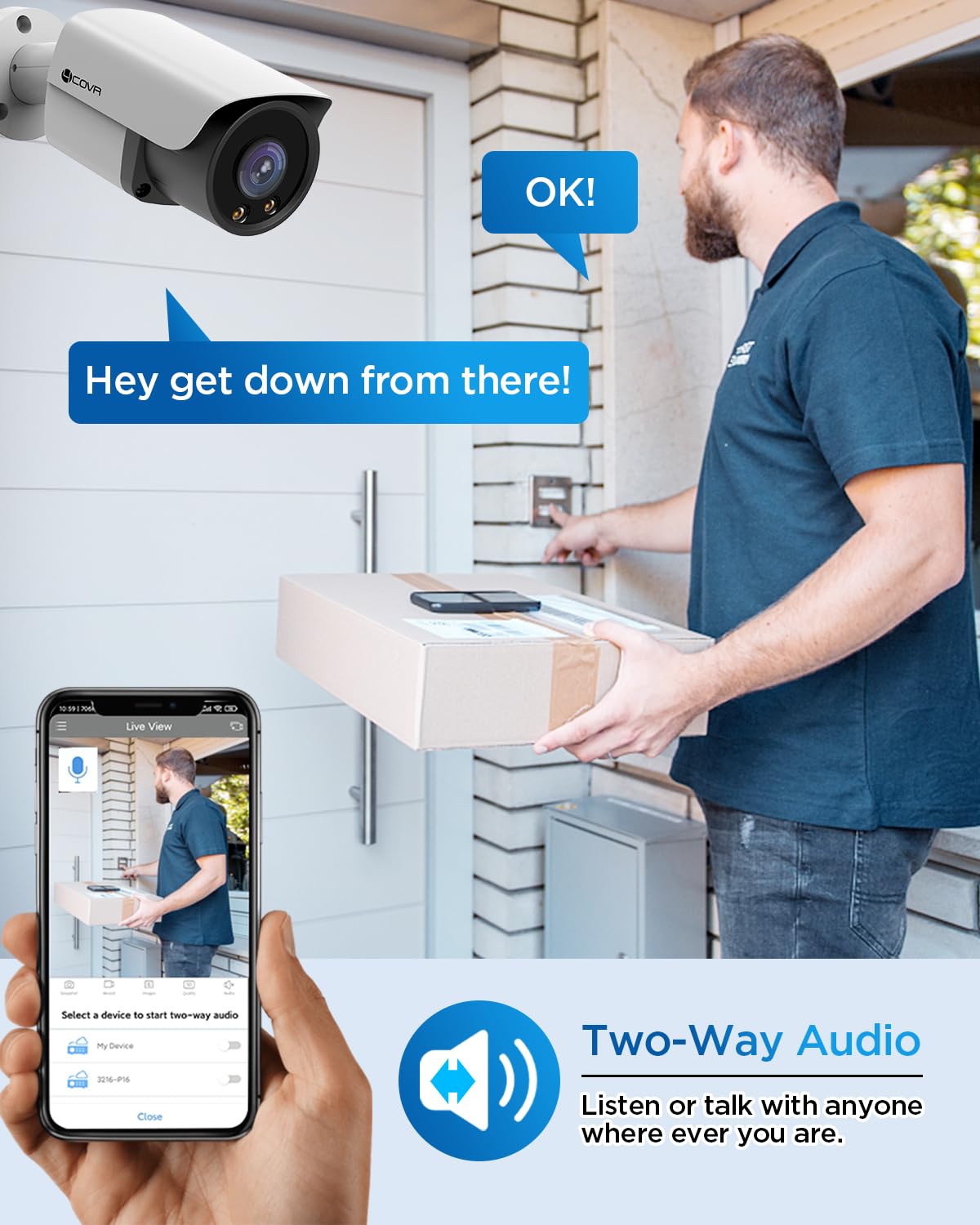 4COVR 5MP PoE IP Security Bullet Camera Outdoor, 5-Megapixel Wired Camera with Dual Lights Full-Color Night Vision, Two-Way Talk, Smart AI
