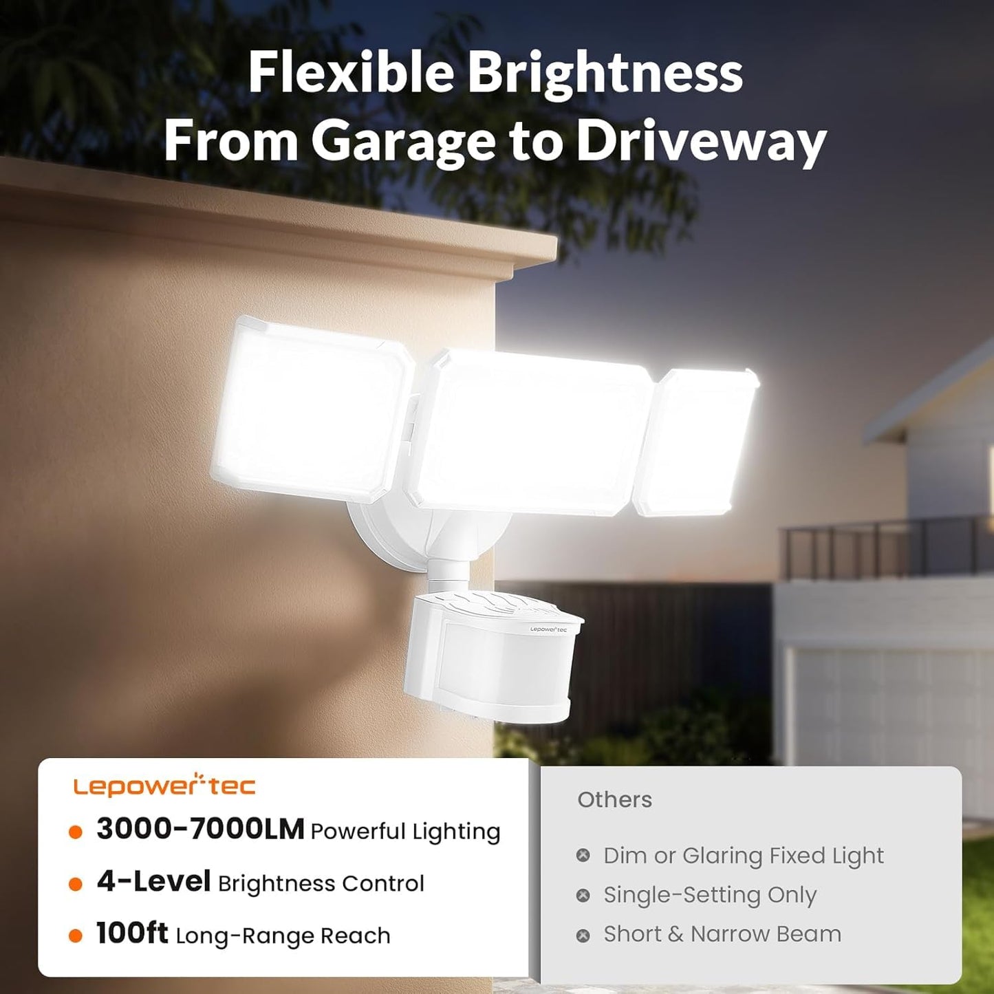 LEPOWER-TEC Zero Blind Spots Outdoor Security Light with 240° & 100ft Dual PIR Motion Sensor, 7000LM Adjustable Flood Light Brightness for Garage