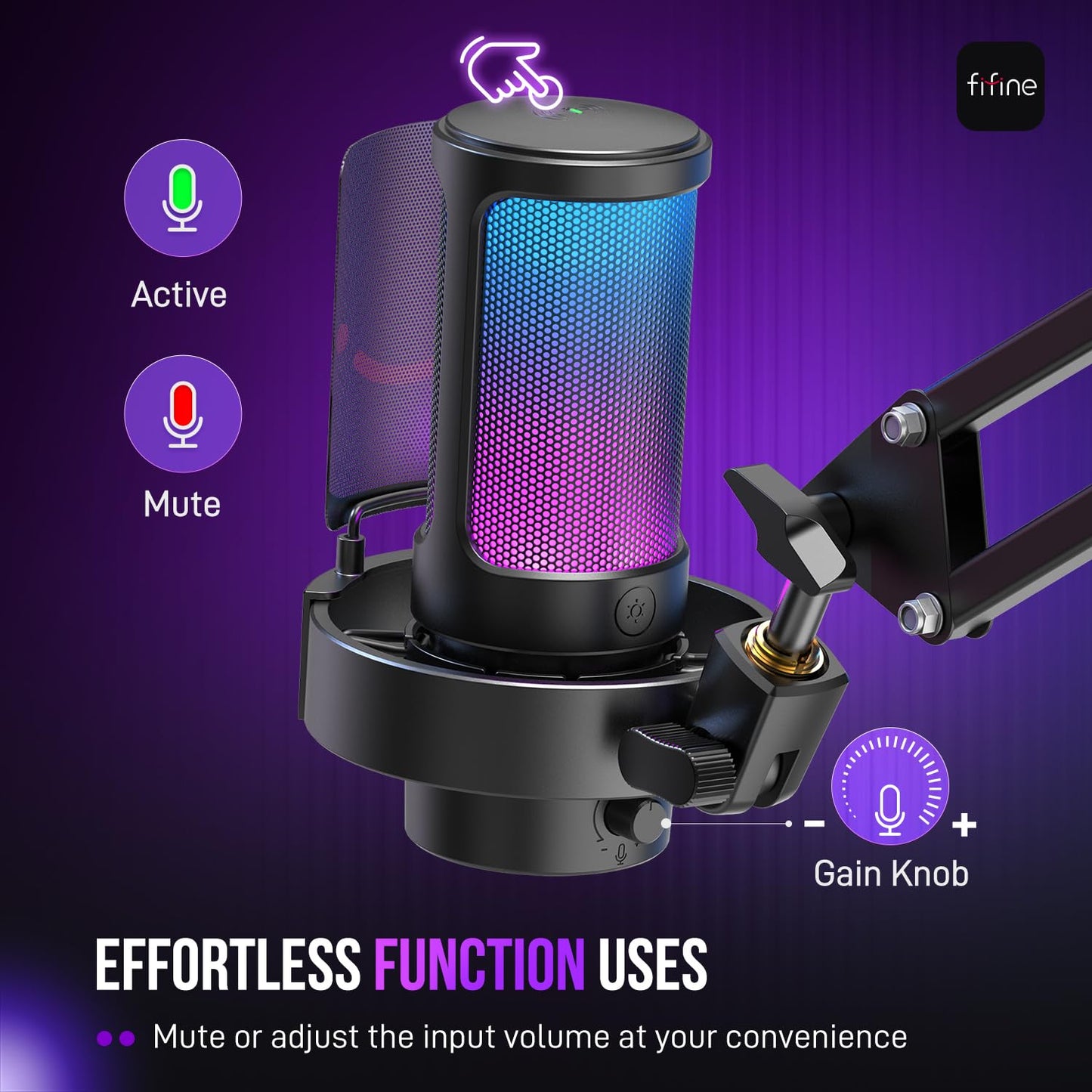 FIFINE USB Gaming Microphone Kit, PC Streaming Mic with RGB Lights, Mute, Gain Knob, Metal Boom Arm for Recording Podcast, Condenser Computer