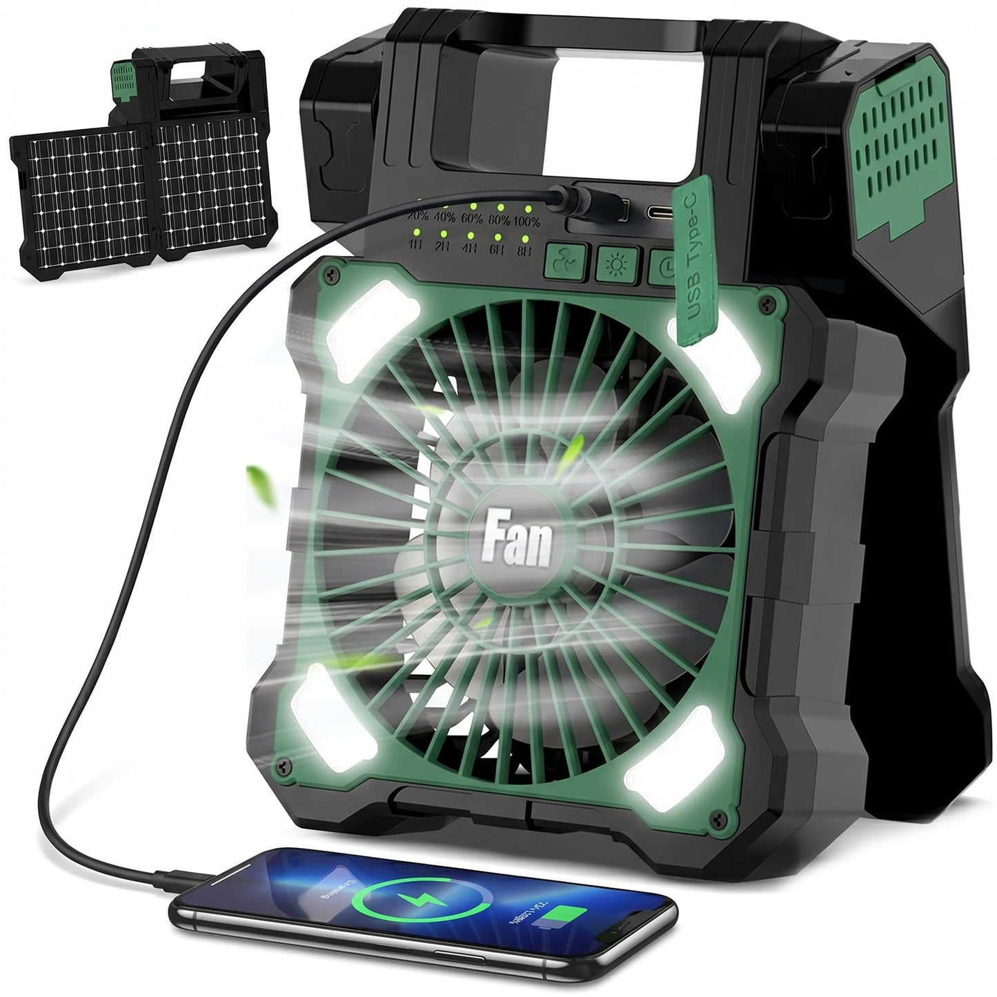 Maraiss 22000mAh Camping Solar Fan, Dual-Panel Rechargeable Solar Powered Fan with LED Light, 5 Adjustable Speeds Battery Powered Portable Fans, USB-C