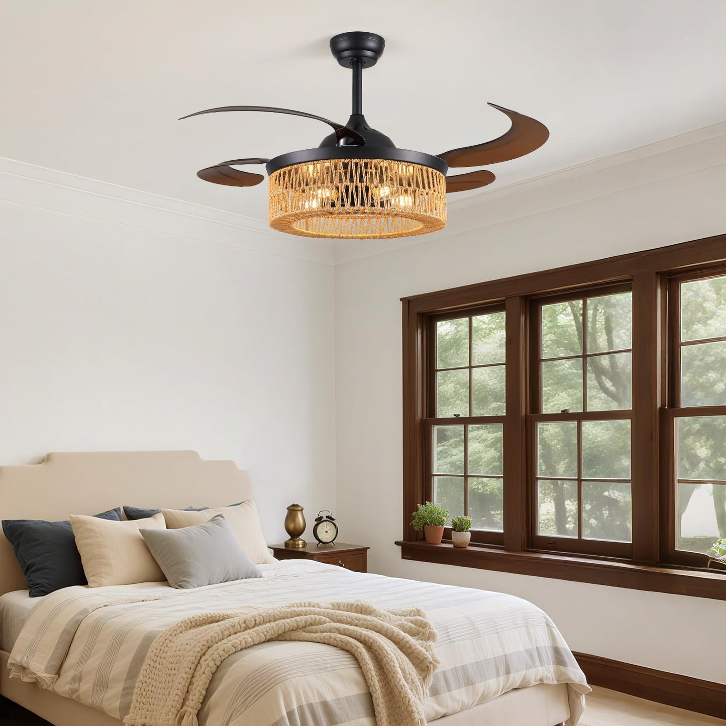 48 Inch Retractable Ceiling Fans with Lights and Remote, Boho Caged Farmhouse Ceiling Fan, Invisible Rattan Fandelier with Reversible 6 Speeds,Timer