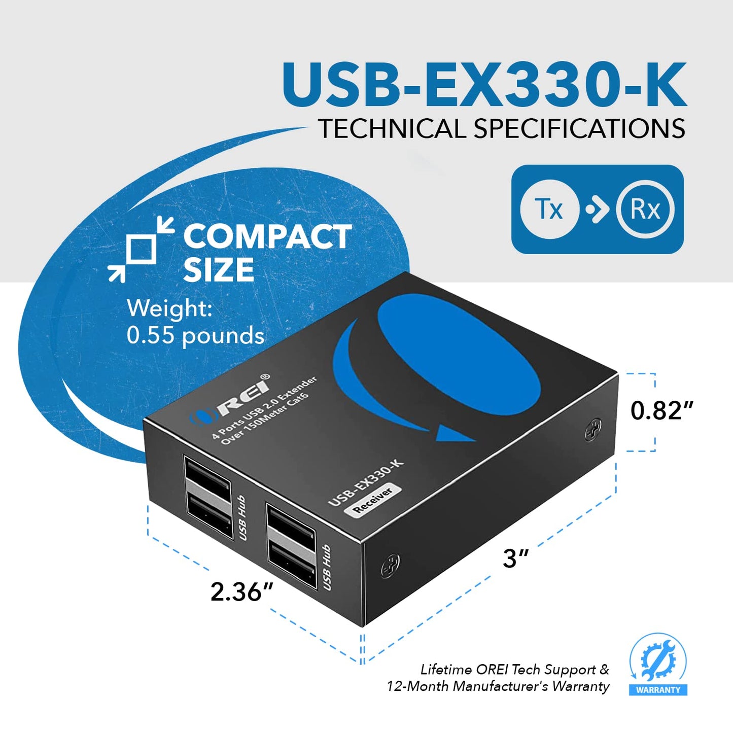 OREI USB Over Ethernet Extender Upto 330 Feet - Extends USB 2.0 Signals Over LAN Ethernet with 2 Ports - Power Over Cable, Long Distance Extension