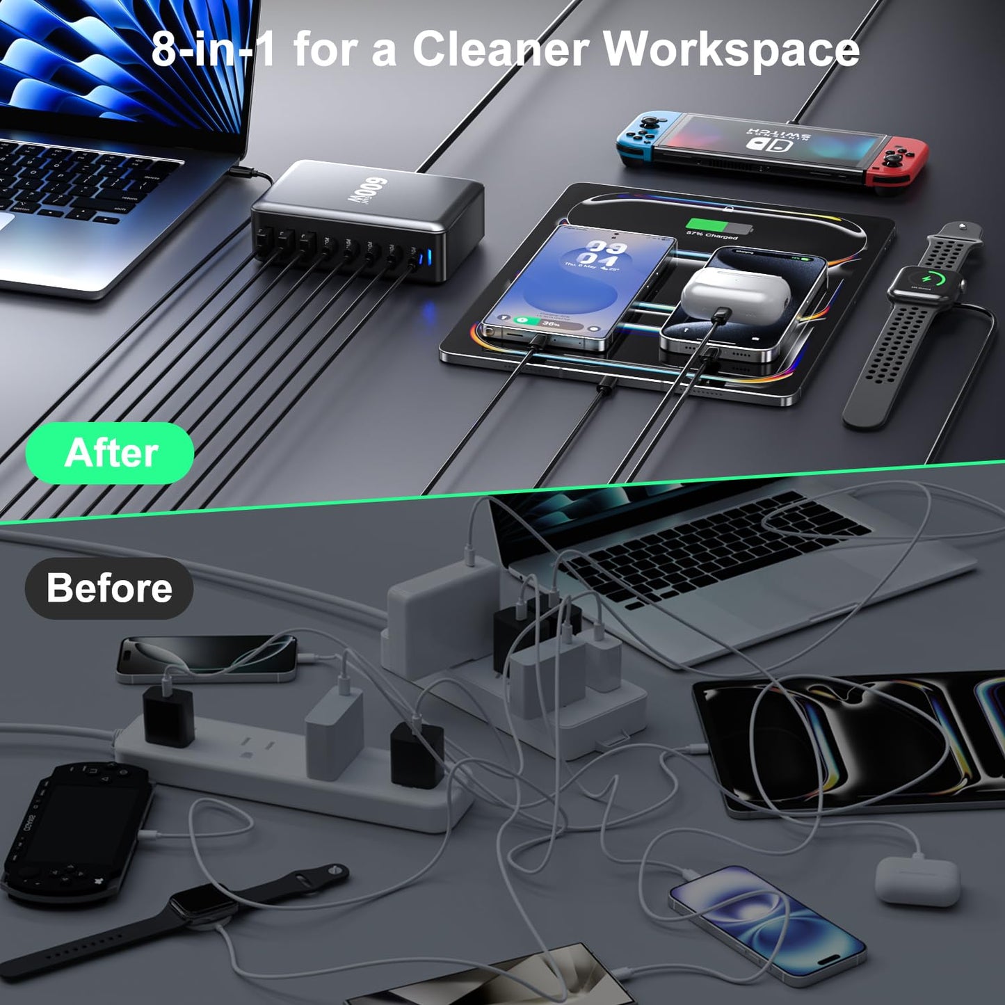 600W USB Charging Station,8-in-1 Multiple USB C Charger Block,Dual PD 140W Laptop Fast Charger Adapter,Multiple Devices Hub Compatible with MacBook