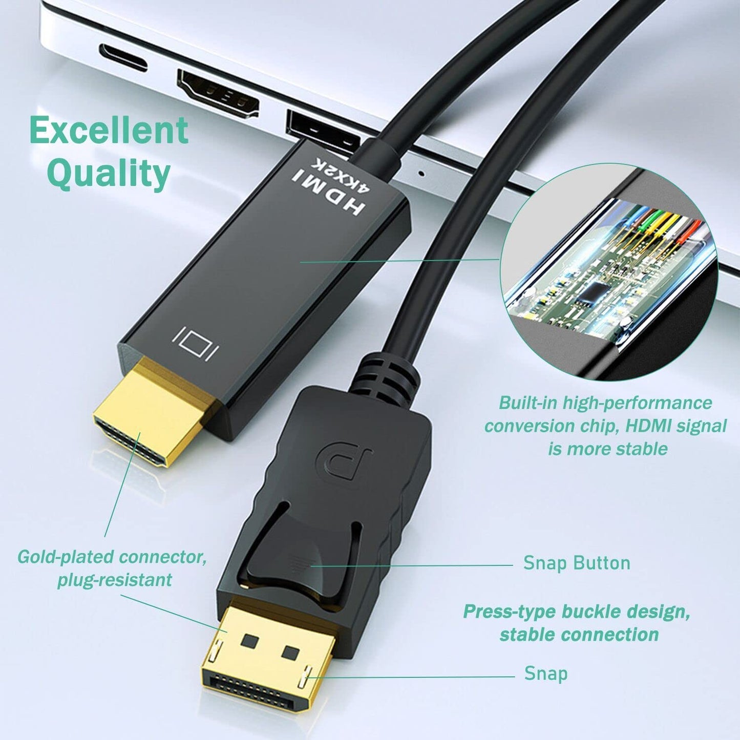 Ankky 4K DisplayPort to HDMI Cable Adapter 6FT, High Speed (1440P 60Hz, 1080P 120Hz) Uni-Directional DP to HDMI Cord Compatible for Dell, HP