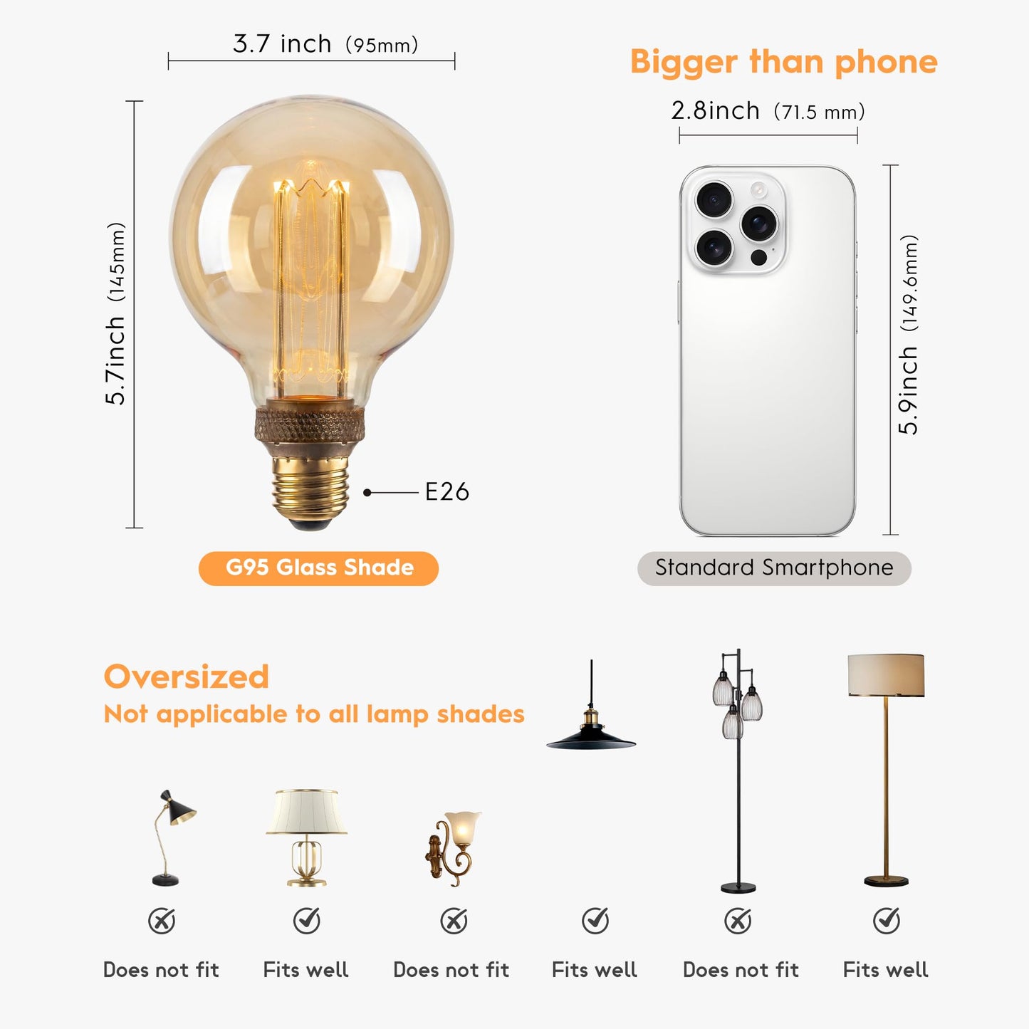 Harwez Dimmable Edison Bulb E26 Vintage Round LED Light LowLumen Amber G95