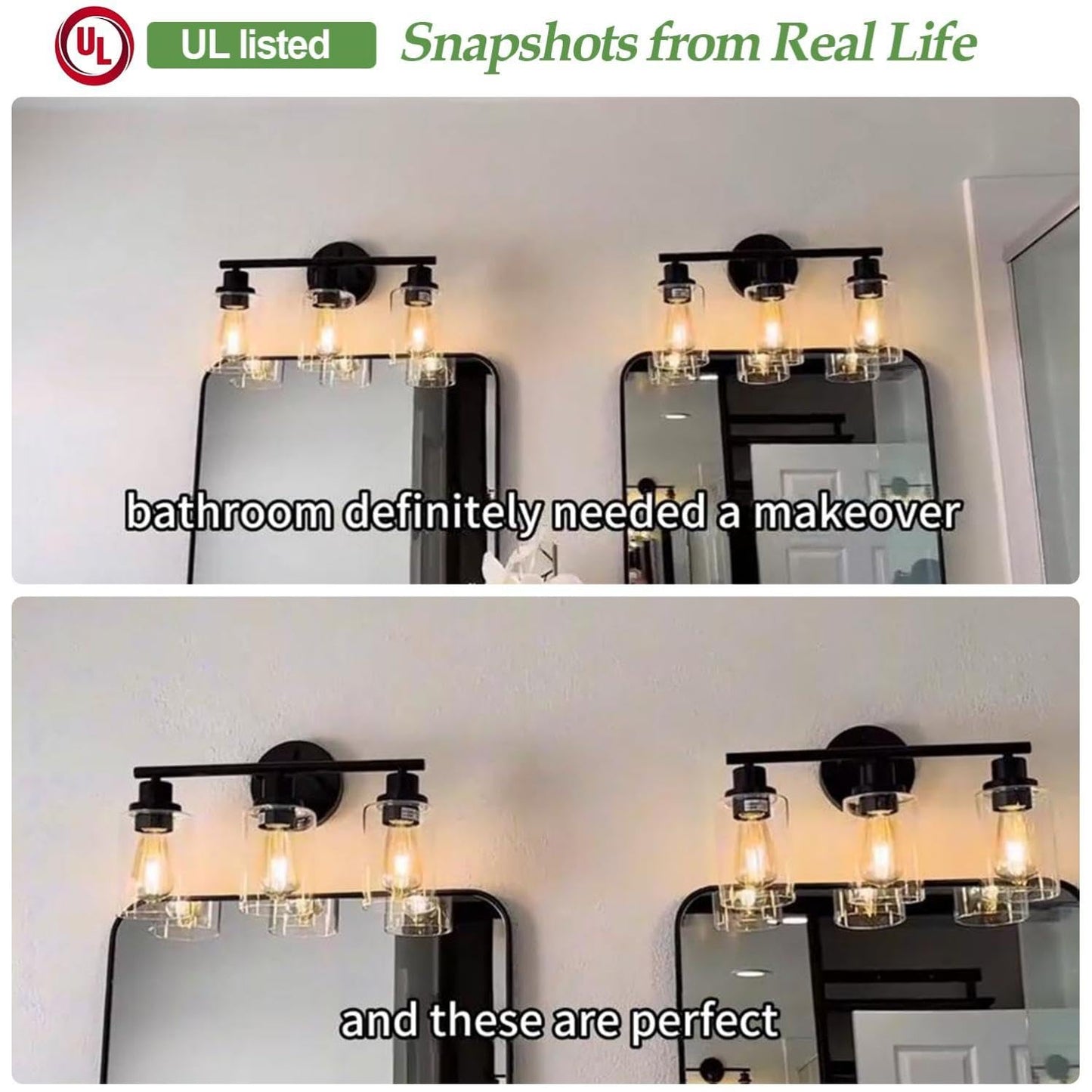 Zarbitta 3-Light Bathroom Light Fixtures, 17.23" Black Modern Vanity Lights with Clear Glass Shade, Bathroom Wall Lamp for Mirror Kitchen Living Room