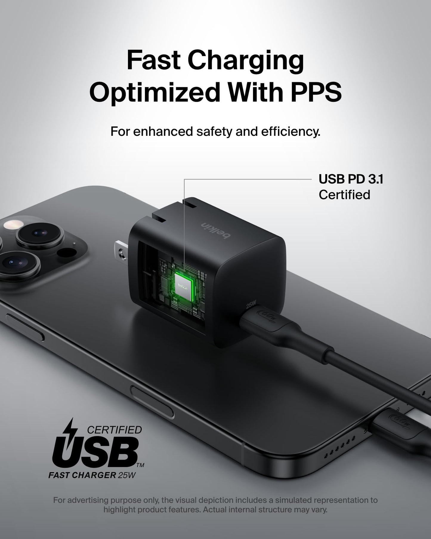 Belkin USB C Charger Block 25W - PD3.0 PPS Super Fast Charging - Samsung Galaxy S26, S25, Apple iPhone 17, Air, Pro, Pro Max, AirPods, Apple Watch